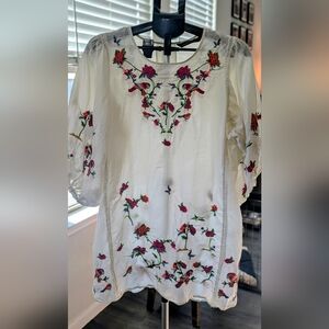 Zara Woman Premium Denim Embroidered Bird Floral Tunic Dress Cream Boho Oversize